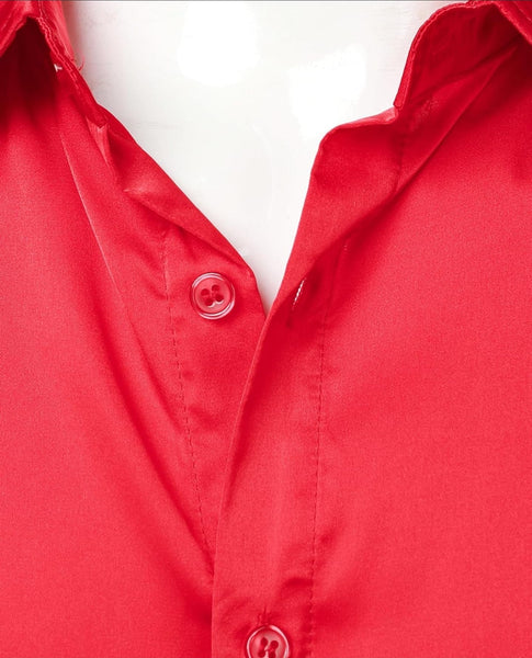 Zeroyaa Red Shiny Satin Short Sleeve Mens Shirt