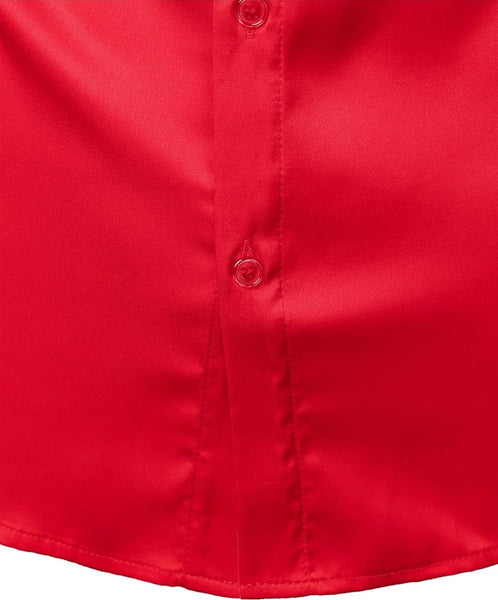 Zeroyaa Red Shiny Satin Short Sleeve Mens Shirt