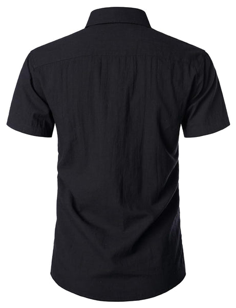 Zeroyaa Black Fitted Cotton Like Linen Casual Short Sleeve Mens Shirt
