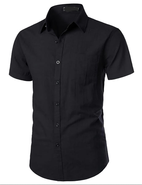 Zeroyaa Black Fitted Cotton Like Linen Casual Short Sleeve Mens Shirt