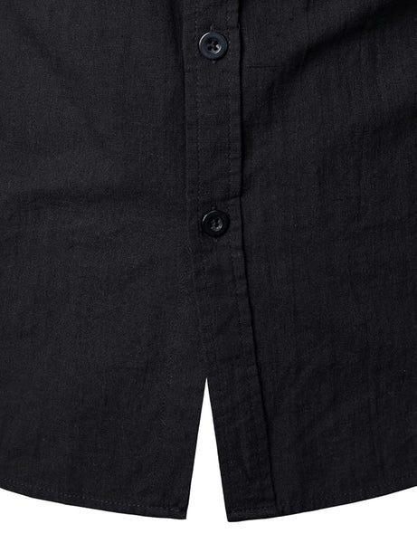Zeroyaa Black Fitted Cotton Like Linen Casual Short Sleeve Mens Shirt