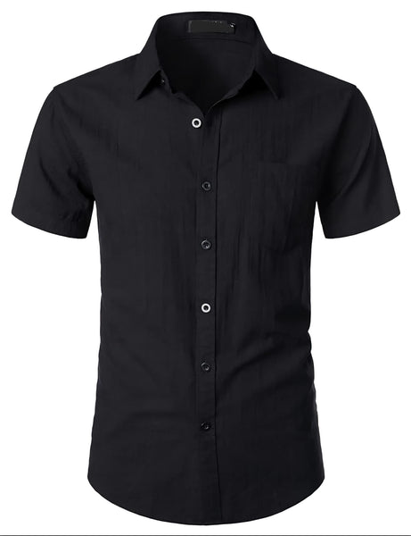 Zeroyaa Black Fitted Cotton Like Linen Casual Short Sleeve Mens Shirt