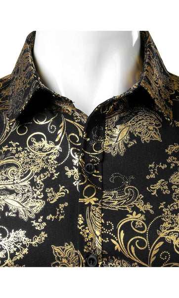 Zeroyaa Black& Gold Paisley Shiny Floral Printed Mens Shirt