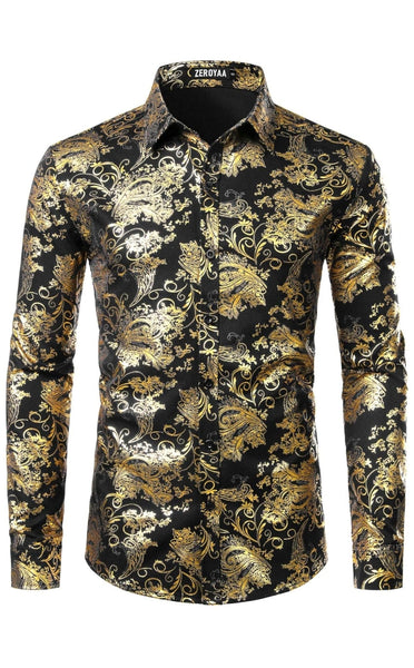 Zeroyaa Black& Gold Paisley Shiny Floral Printed Mens Shirt