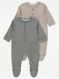 George 2 Pack Neutral Ribbed Long Sleeve Baby Boys Sleepsuits