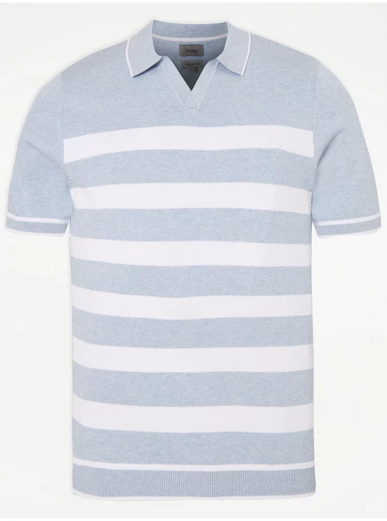 George Light Blue Breton Stripe Short Sleeve Knitted Mens Poloshirt