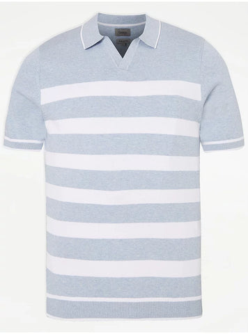 George Light Blue Breton Stripe Short Sleeve Knitted Mens Poloshirt