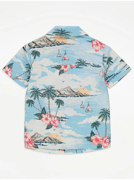 George Palm Tree and Hibiscus Linen Rich Short Sleeve Mens Shirt