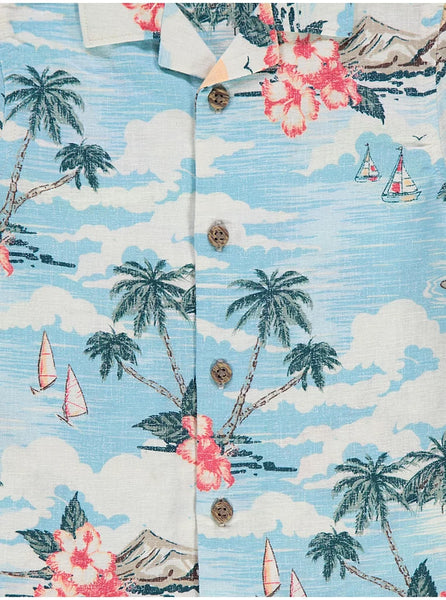 George Palm Tree and Hibiscus Linen Rich Short Sleeve Mens Shirt