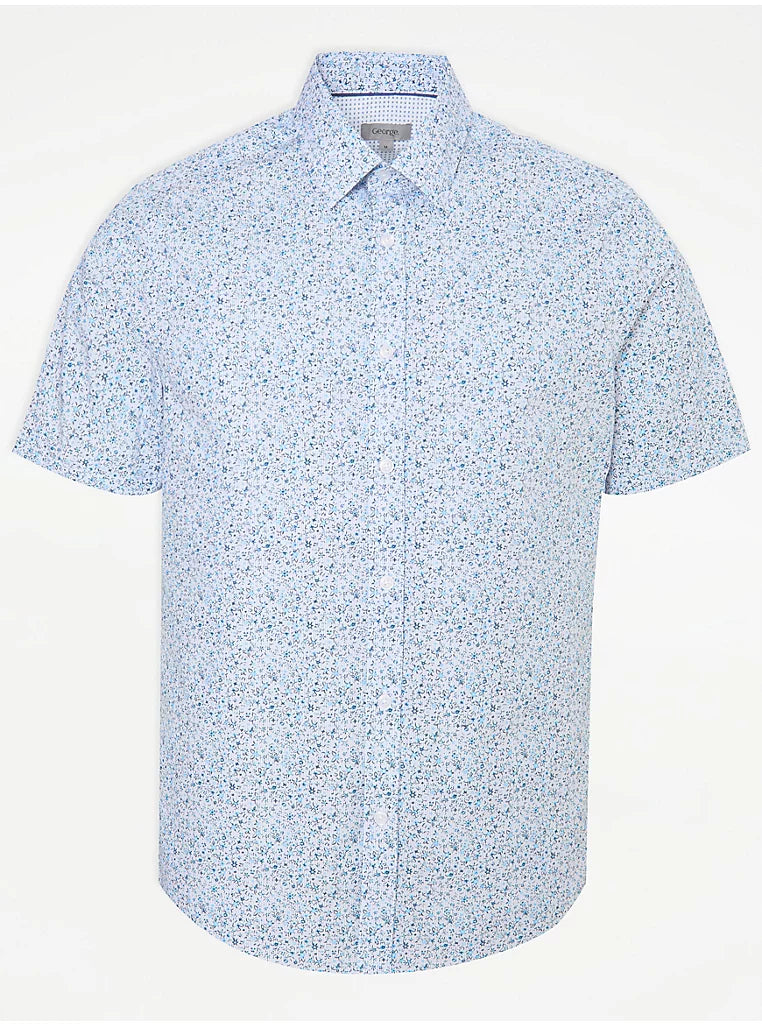 George Blue Striped Floral Short Sleeve Mens Shirt
