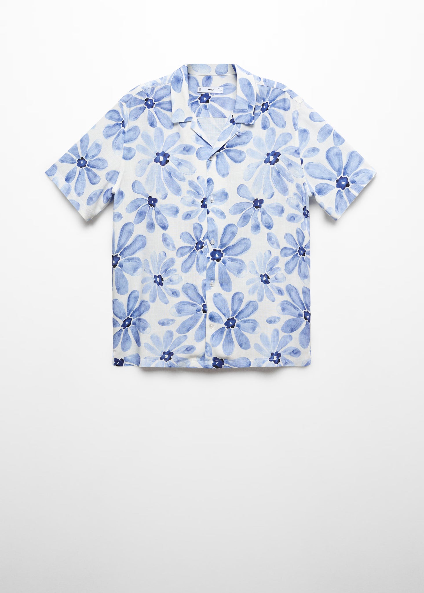 Mango Sky Blue Bowling Collar Floral Print Mens Shirt