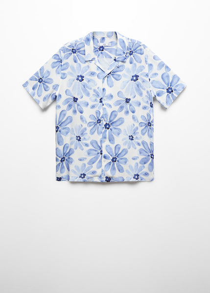 Mango Sky Blue Bowling Collar Floral Print Mens Shirt
