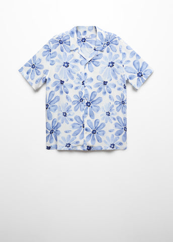 Mango Sky Blue Bowling Collar Floral Print Mens Shirt