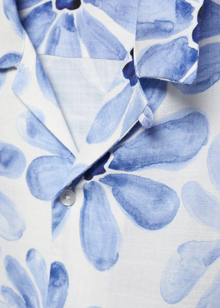 Mango Sky Blue Bowling Collar Floral Print Mens Shirt