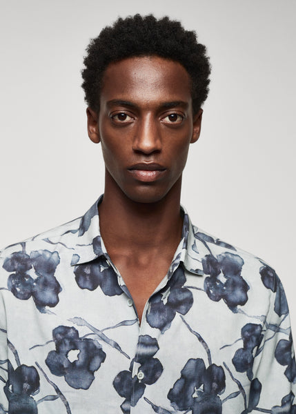Mango Grey Flowy Blue Floral Print Mens Shirt