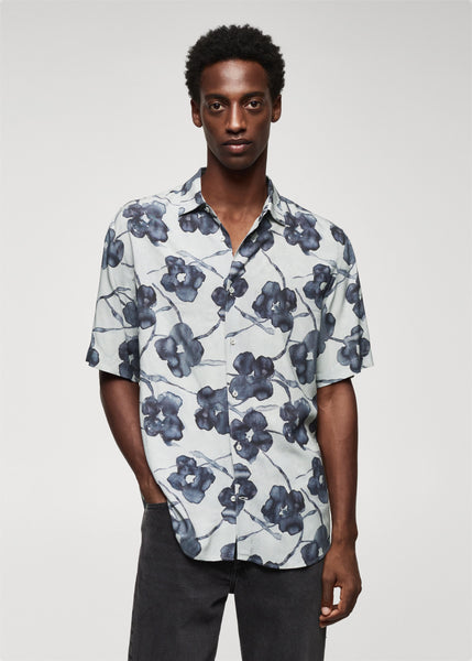 Mango Grey Flowy Blue Floral Print Mens Shirt