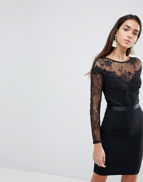 Lipsy London Black Lace Sleeves and Velvet Trim Bodycon Womens Dress