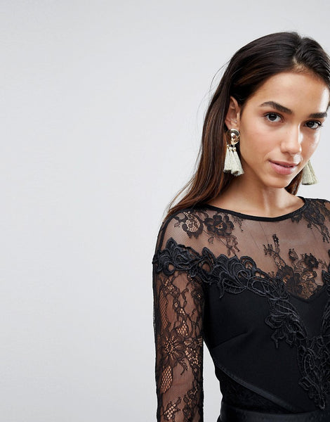 Lipsy London Black Lace Sleeves and Velvet Trim Bodycon Womens Dress