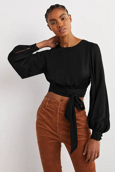 Boden Black Long Sleeve Crop Womens Top