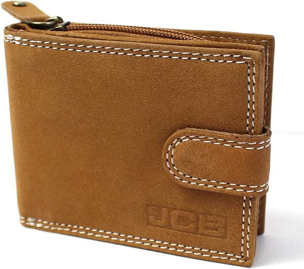 JCB - Mens Genuine Leather Wallets | Tri Fold Button Close Wallet RFID Protected (Black Box, Tan)