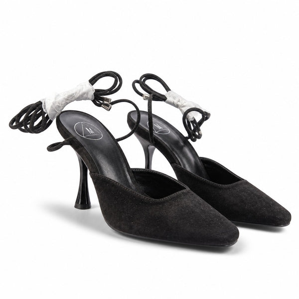 Missguided Black Faux Suede Square Toe Tie Up Womens Heels