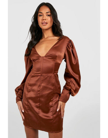 Boohoo Chocolate Volume Sleeve Satin Bodycon Womens Dress