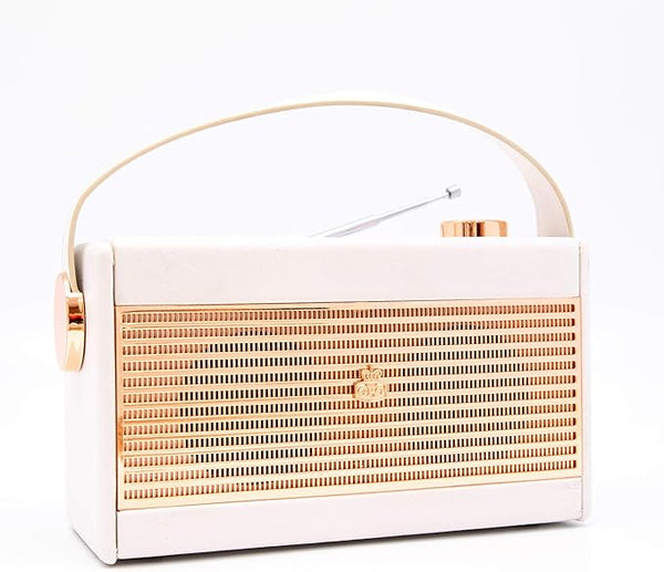 GPO Darcy Portable Analogue Radio, Alarm Clock Radio with Sleep and Snooze, LCD Display, Mains/Battery Powered, Retro Grille, Carry Handle, White and Gold