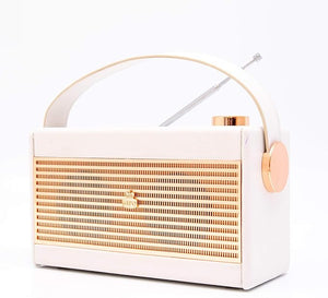 GPO Darcy Portable Analogue Radio, Alarm Clock Radio with Sleep and Snooze, LCD Display, Mains/Battery Powered, Retro Grille, Carry Handle, White and Gold