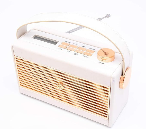 GPO Darcy Portable Analogue Radio, Alarm Clock Radio with Sleep and Snooze, LCD Display, Mains/Battery Powered, Retro Grille, Carry Handle, White and Gold