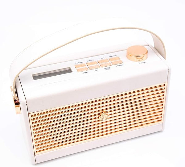 GPO Darcy Portable Analogue Radio, Alarm Clock Radio with Sleep and Snooze, LCD Display, Mains/Battery Powered, Retro Grille, Carry Handle, White and Gold