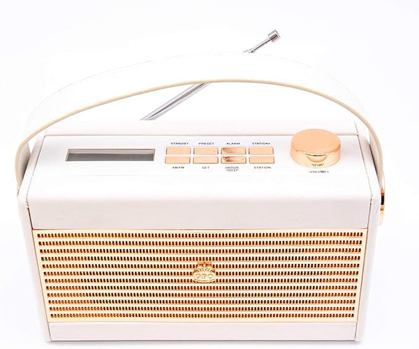 GPO Darcy Portable Analogue Radio, Alarm Clock Radio with Sleep and Snooze, LCD Display, Mains/Battery Powered, Retro Grille, Carry Handle, White and Gold