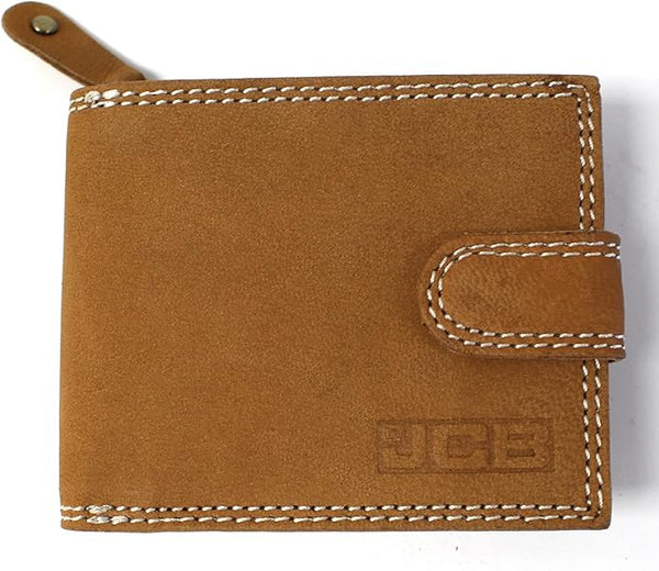 JCB - Mens Genuine Leather Wallets | Tri Fold Button Close Wallet RFID Protected (Black Box, Tan)