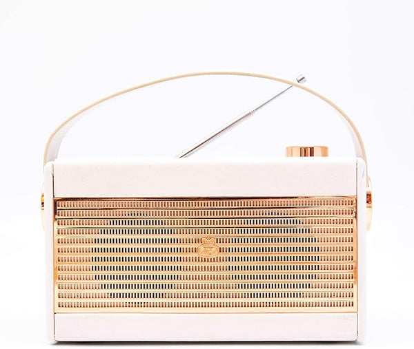 GPO Darcy Portable Analogue Radio, Alarm Clock Radio with Sleep and Snooze, LCD Display, Mains/Battery Powered, Retro Grille, Carry Handle, White and Gold