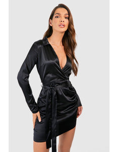 Boohoo Black Satin Wrap Detail Womens Dress