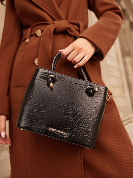 Lipsy Black Croc Mini Square Womens Tote Bag