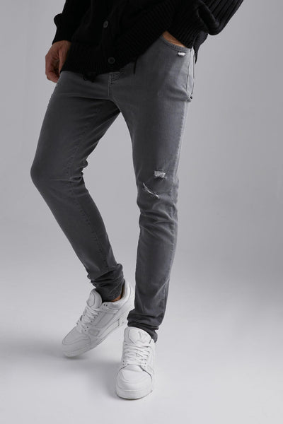 BoohooMan Mid  Grey Tall Skinny Stretch Distressed Mens Jeans