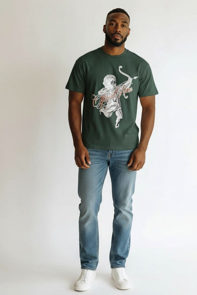 BoohooMan Green Oversized Cherub Print Extended Neck Mens t-Shirt