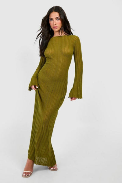 Boohoo Khaki Petite Crochet Flare Sleeve Scoop Back Knitted Womens Dress