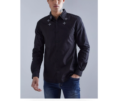Boohoo Black Poplin Multi Embroidered Collar Mens Shirt