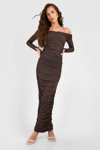 Boohoo Chocolate Rouched Mesh Off The Shoulder Maxi Womens Dress
