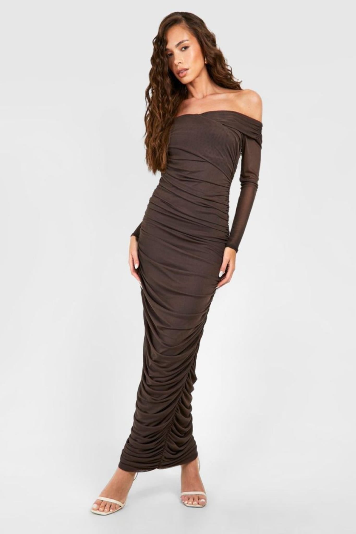Boohoo Chocolate Rouched Mesh Off The Shoulder Maxi Womens Dress