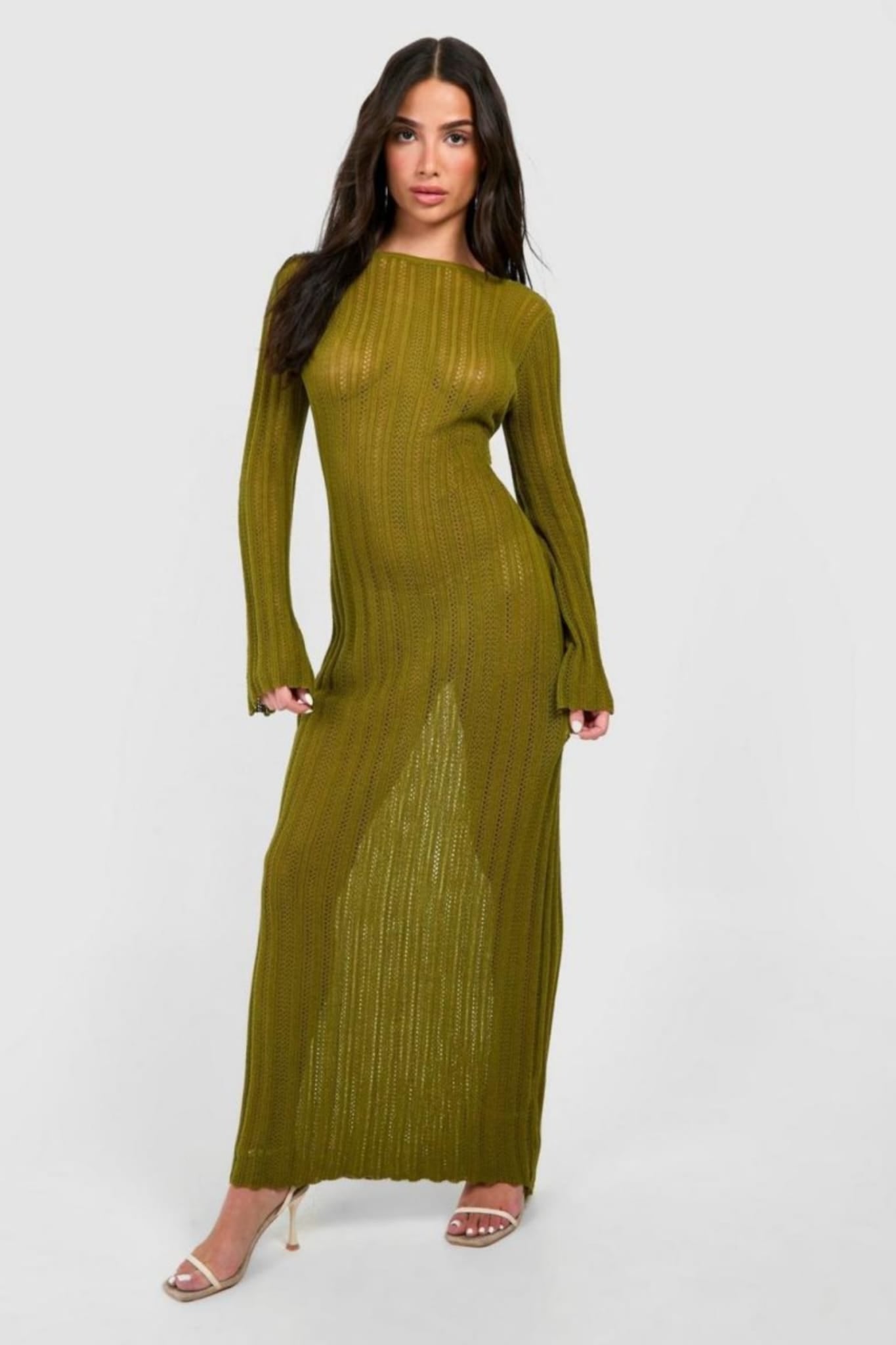 Boohoo Khaki Petite Crochet Flare Sleeve Scoop Back Knitted Womens Dress