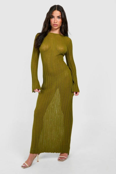 Boohoo Khaki Petite Crochet Flare Sleeve Scoop Back Knitted Womens Dress
