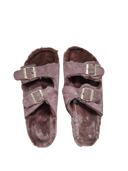 F&F Brown Faux Fur Double Strap Mens Sandals