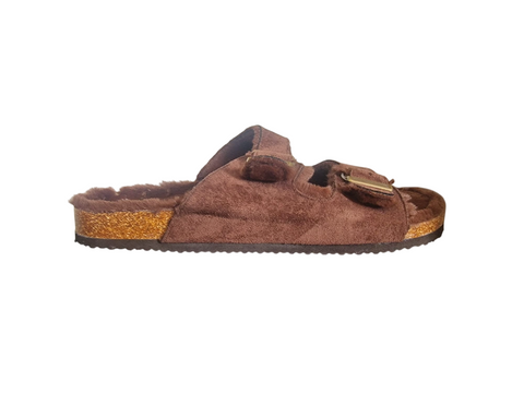 F&F Brown Faux Fur Double Strap Mens Sandals