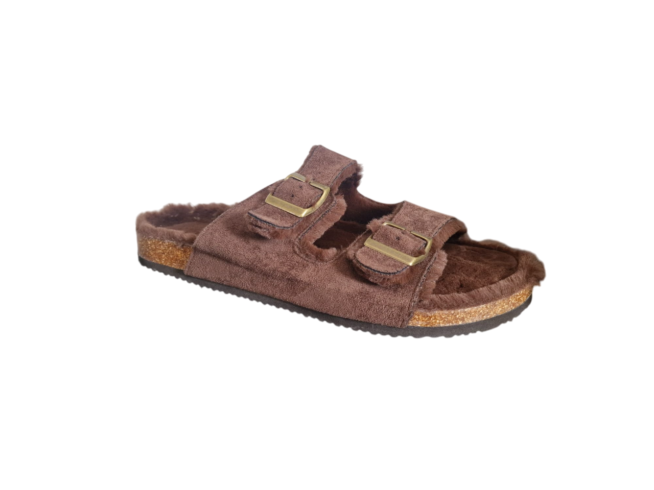 F&F Brown Faux Fur Double Strap Mens Sandals