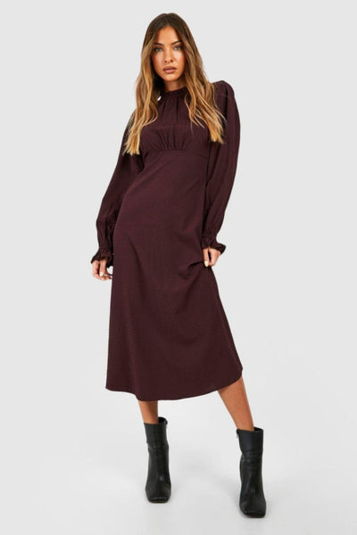 Boohoo Chocolate Brown Texured High Neck Midaxi Womens Dress