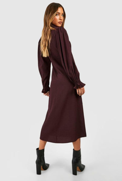 Boohoo Chocolate Brown Texured High Neck Midaxi Womens Dress