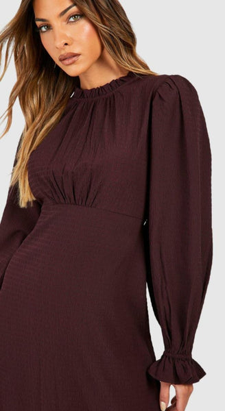 Boohoo Chocolate Brown Texured High Neck Midaxi Womens Dress