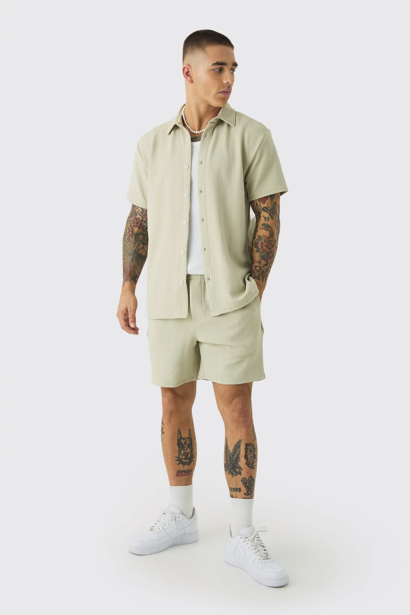 Boohoo Sage Green Plus Jersey Herringbone Mens Shirt